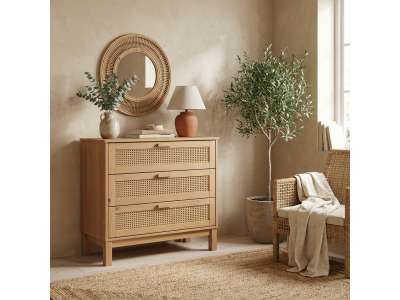 Cômoda Acapulco 3 Gavetas em Madeira Maciça com Rattan | Cor cera natural 